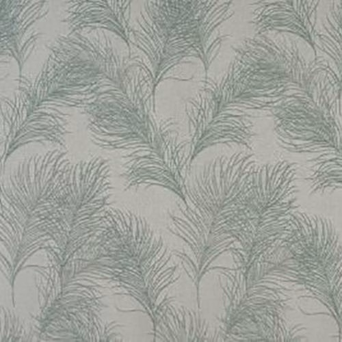 Pale duck egg feather motif on a light neutral fabric ground