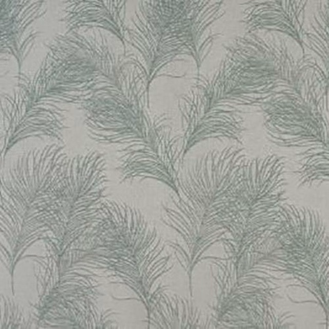 Pale duck egg feather motif on a light neutral fabric ground
