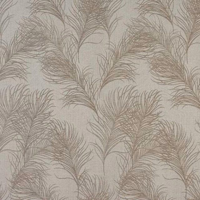 Taupe feather pattern on a pale natural woven fabric swatch