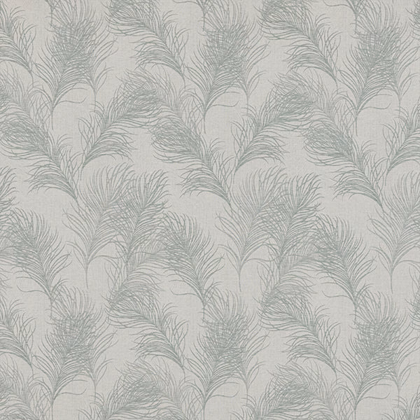 Pale ground fabric with large feather leaf motif in soft muted teal