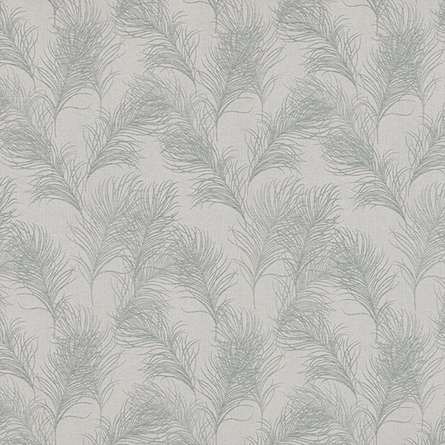 Pale ground fabric with large feather leaf motif in soft muted teal