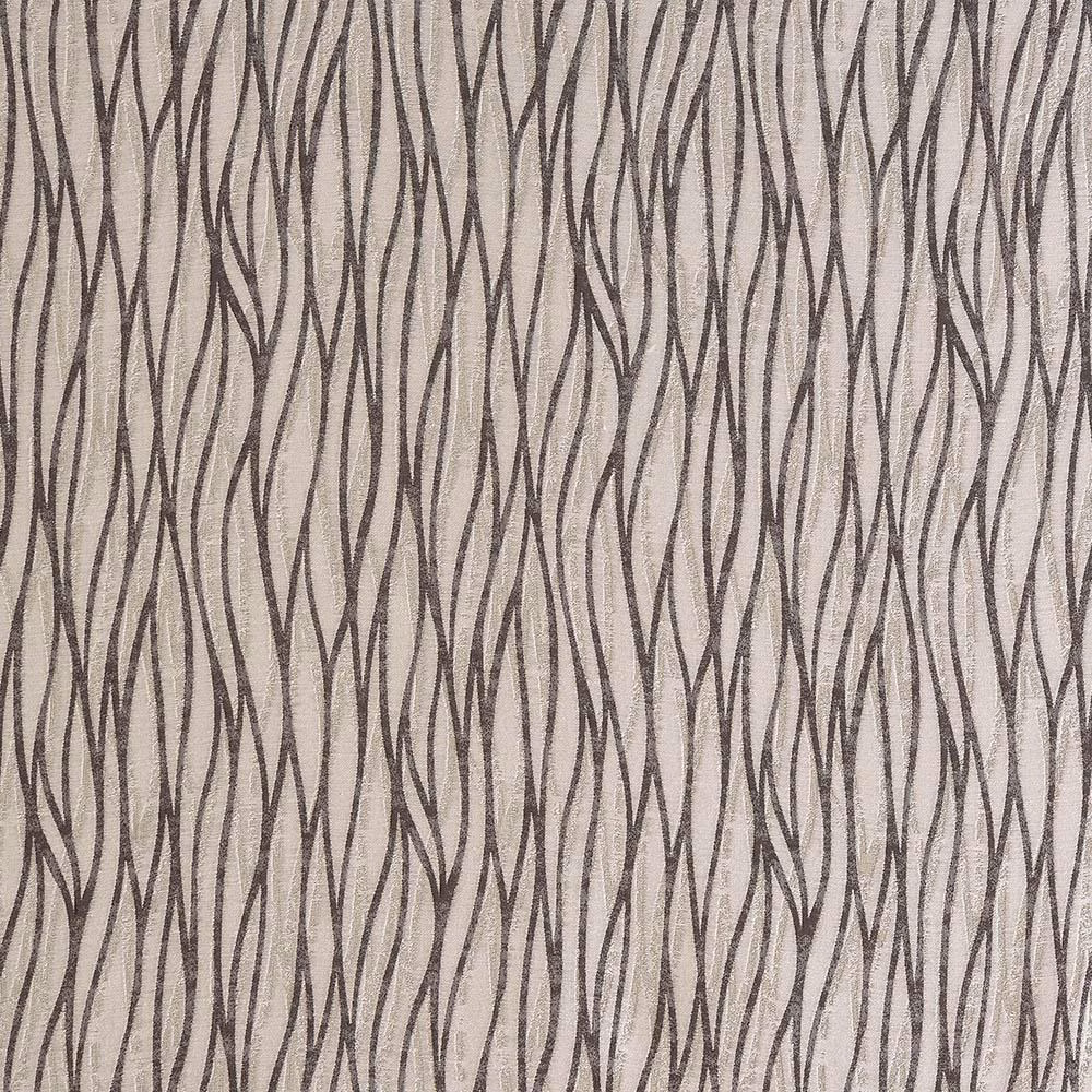Taupe woven fabric with vertical charcoal leaf-like stripe pattern