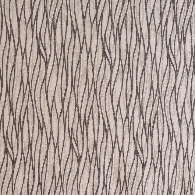 Taupe woven fabric with vertical charcoal leaf-like stripe pattern