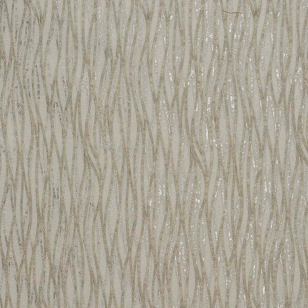 Soft natural fabric swatch with shimmering vertical linear pattern in beige and taupe