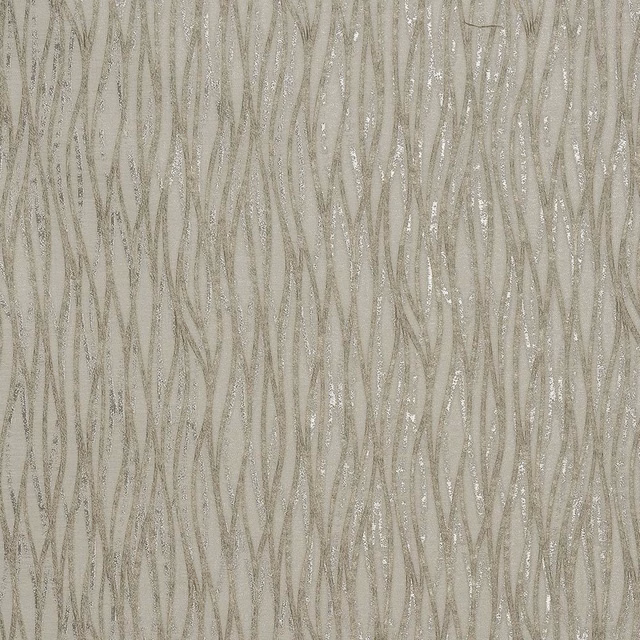 Soft natural fabric swatch with shimmering vertical linear pattern in beige and taupe