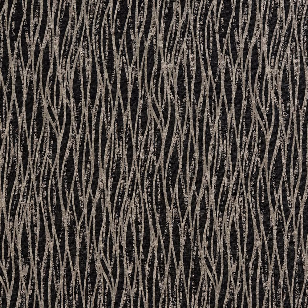Charcoal black woven fabric with irregular taupe vertical linear pattern