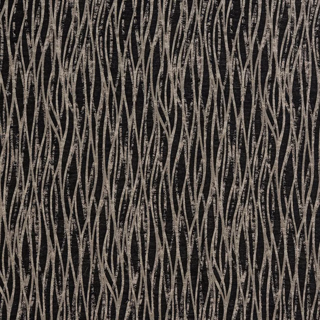 Charcoal black woven fabric with irregular taupe vertical linear pattern