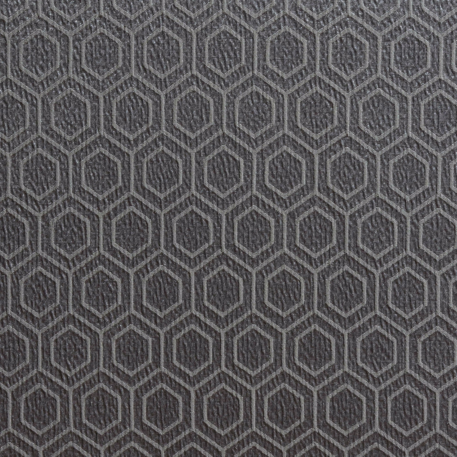 Grey hexagon geometric fabric with raised silver outlines and textured ground