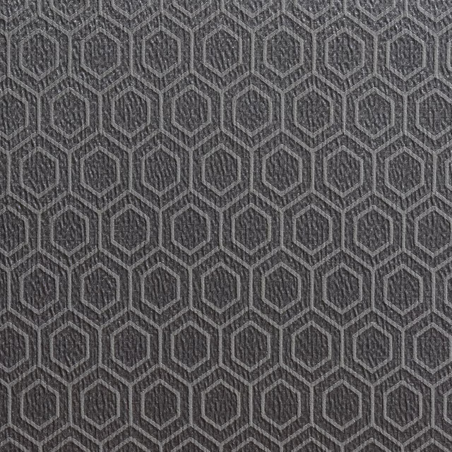 Grey hexagon geometric fabric with raised silver outlines and textured ground