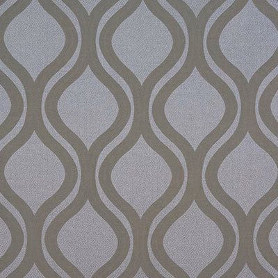 Silver-grey geometric fabric with looping taupe pattern on a pale ground