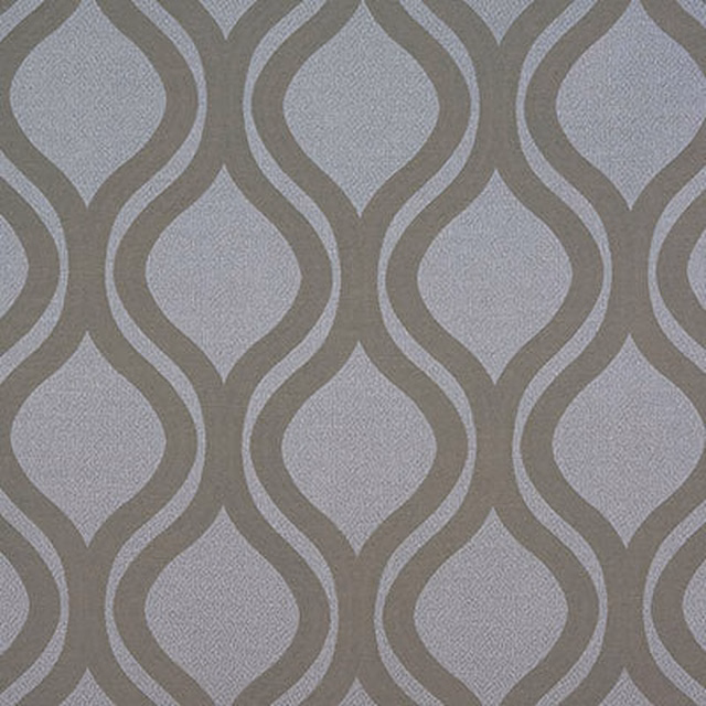 Silver-grey geometric fabric with looping taupe pattern on a pale ground