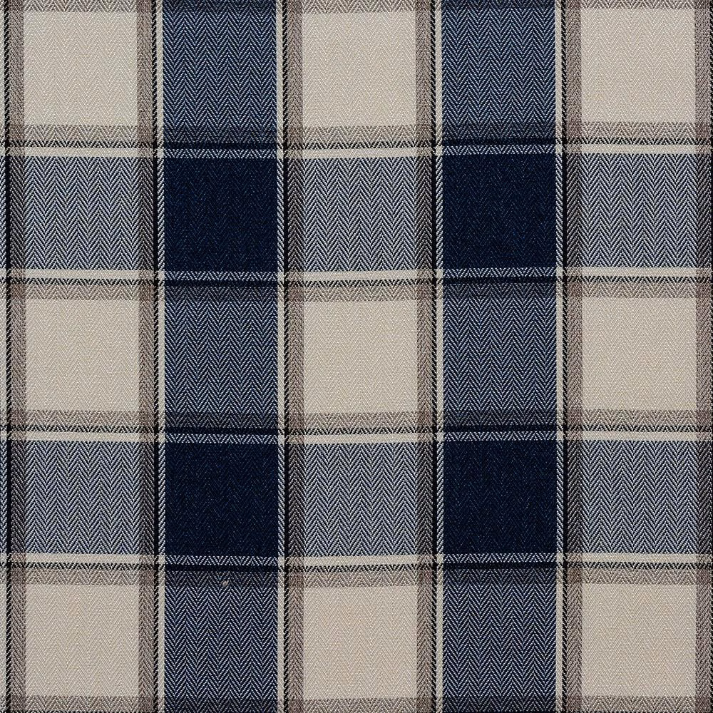 Blue and cream plaid fabric swatch with herringbone weave texture