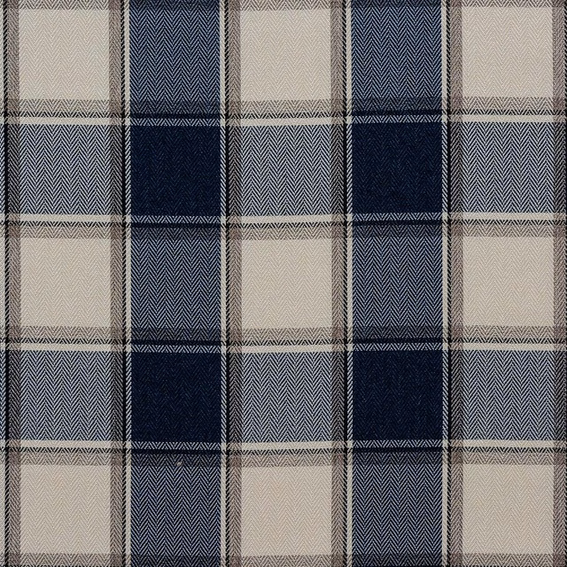 Blue and cream plaid fabric swatch with herringbone weave texture