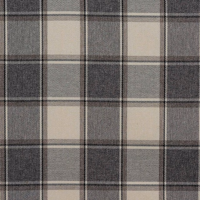 Large grey and cream checked fabric swatch with fine herringbone weave