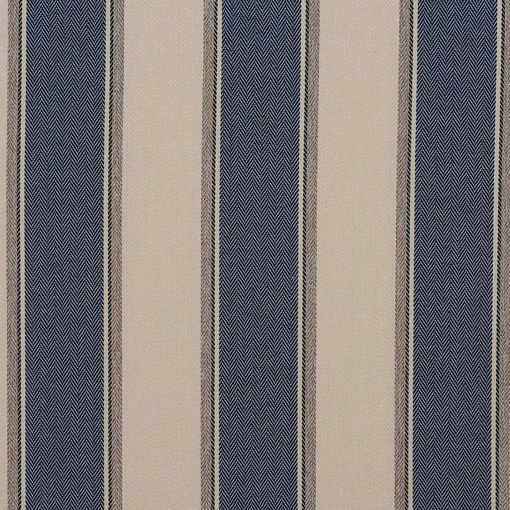 Vertical denim-blue and cream striped woven fabric with fine textured herringbone detail