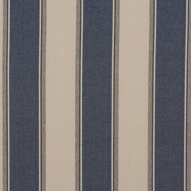 Vertical denim-blue and cream striped woven fabric with fine textured herringbone detail