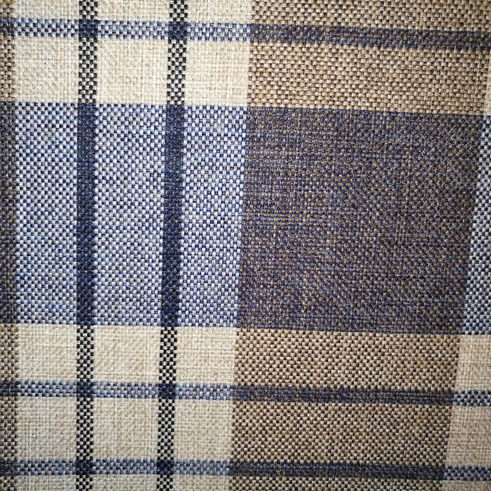 Blue and ivory checked woven fabric swatch with textured tweed-like surface