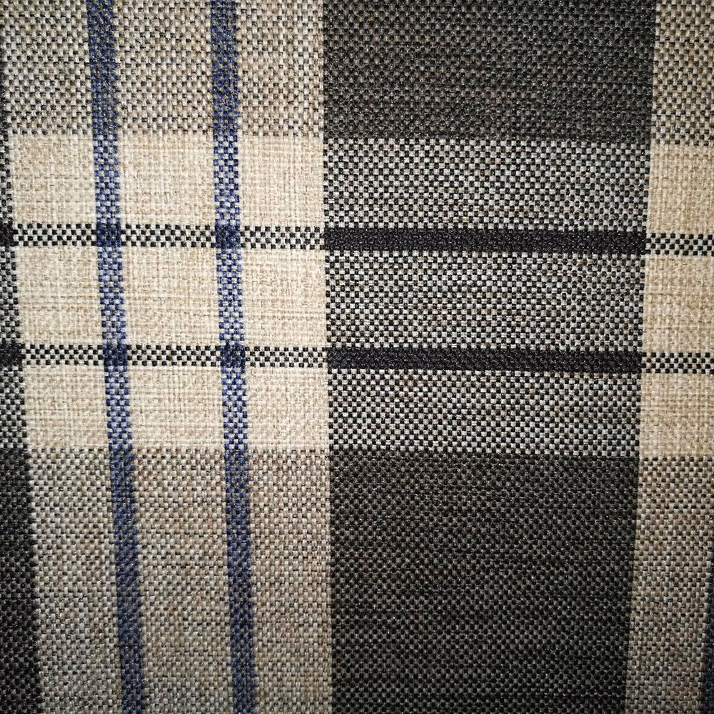 Charcoal grey checked upholstery fabric with cream blocks and blue pinstripes