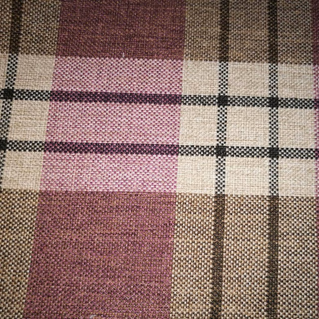 Heavily textured mauve and cream checked fabric with brown pinstripes