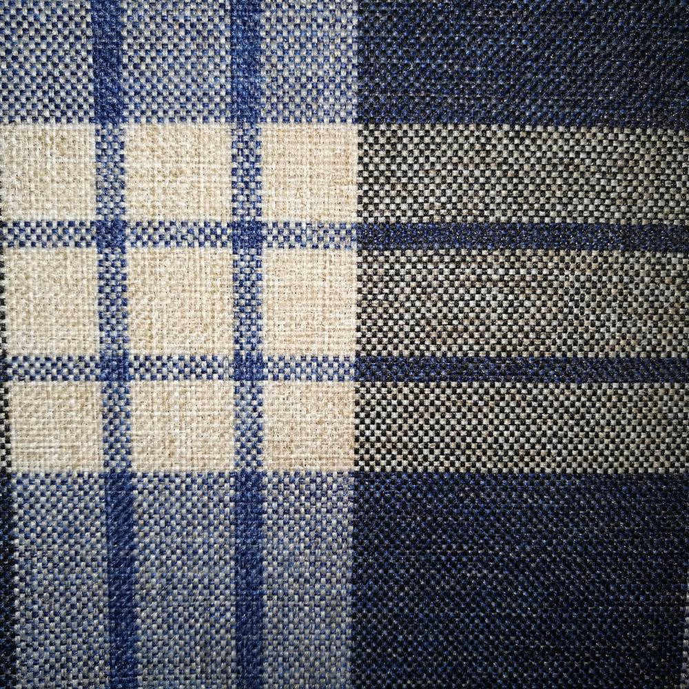 Close-up of indigo, ivory and charcoal checked woven fabric