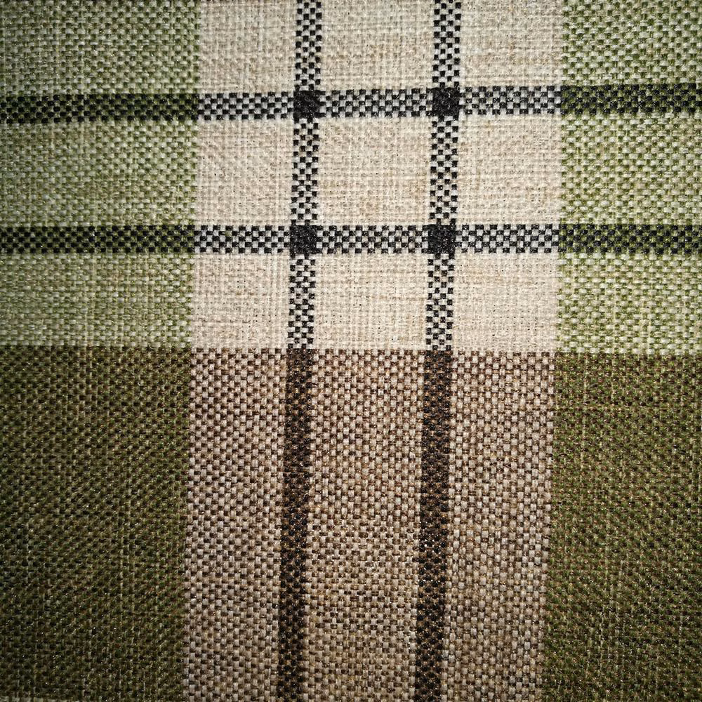 Close-up of a sage green and cream checked woven fabric with dark grid lines