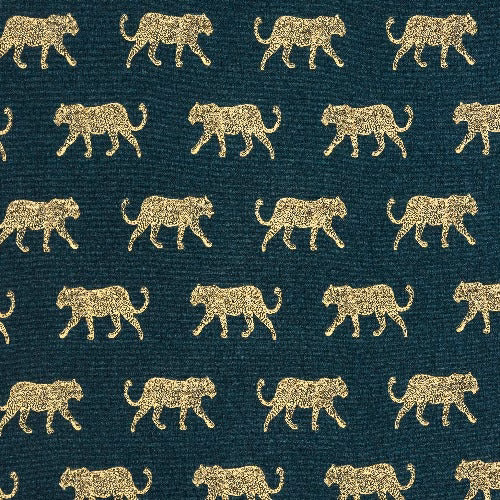 Teal woven cotton fabric with repeating gold leopard motif