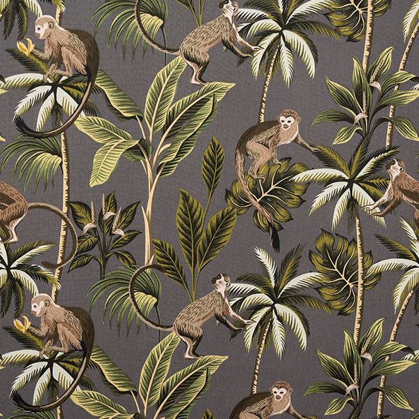 Large monkey and palm print on a charcoal grey cotton ground