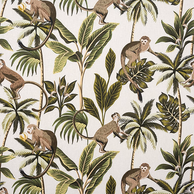 Monkey Natural tropical print with monkeys, palm leaves and ivory ground