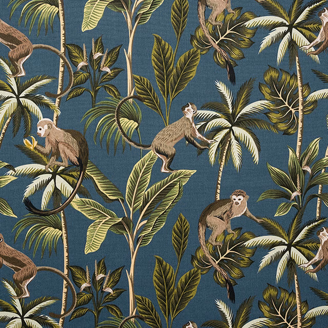 Teal cotton fabric with large monkey and tropical leaf jungle print