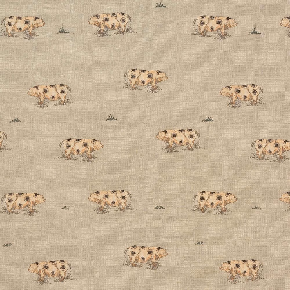Soft beige cotton fabric with small spotted animal motifs and tiny grass tufts