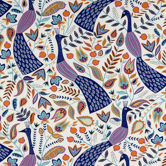 Large peacock and floral print on ivory cotton with amethyst, navy and teal tones