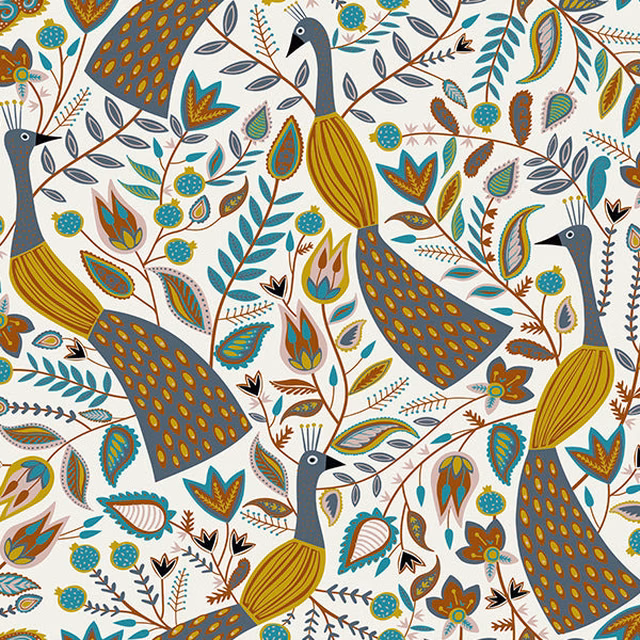 Colourful peacocks and leafy branches on a white cotton printed fabric