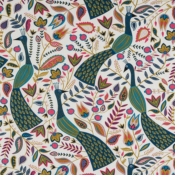 Printed peacocks and foliage in teal, pink, gold and green on a pale ground