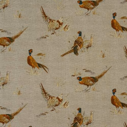 Beige cotton fabric with scattered pheasant motif in rust, brown and teal