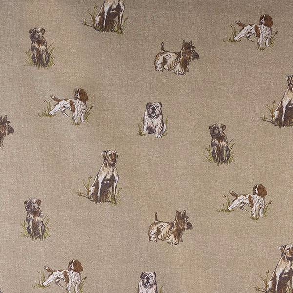 Scattered sketch-style dogs on a warm beige cotton fabric