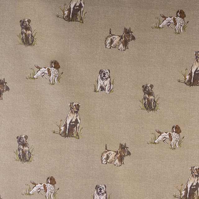 Scattered sketch-style dogs on a warm beige cotton fabric