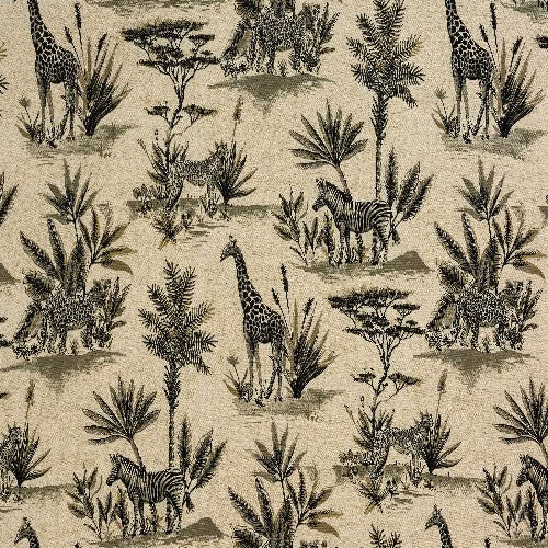 Beige safari print fabric with black zebra, giraffe and palm motifs