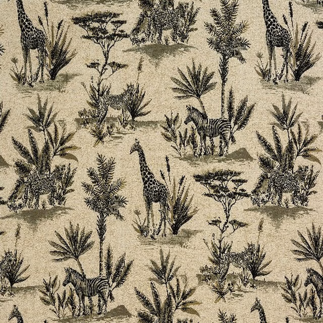 Beige safari print fabric with black zebra, giraffe and palm motifs