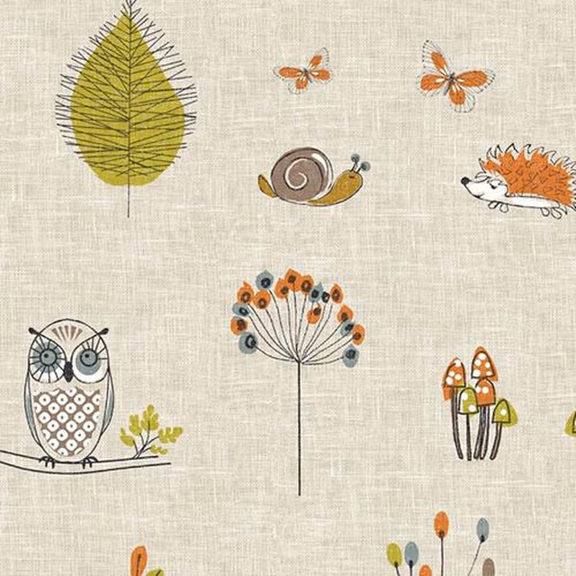 Cream cotton fabric with scattered woodland animals, leaves and mushrooms