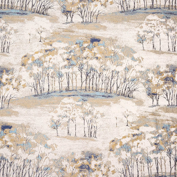 Painterly indigo and cream fabric with tree motifs and soft landscape forms