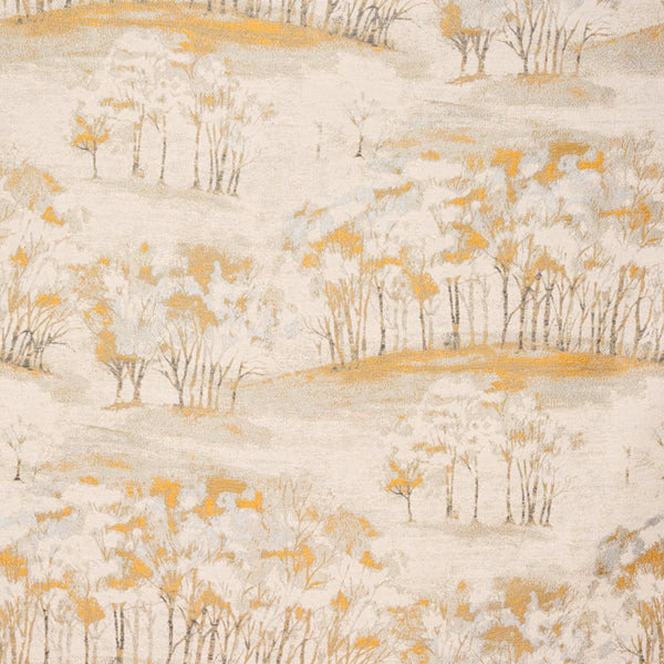 Ochre and taupe tree motif on a pale cream textured fabric swatch