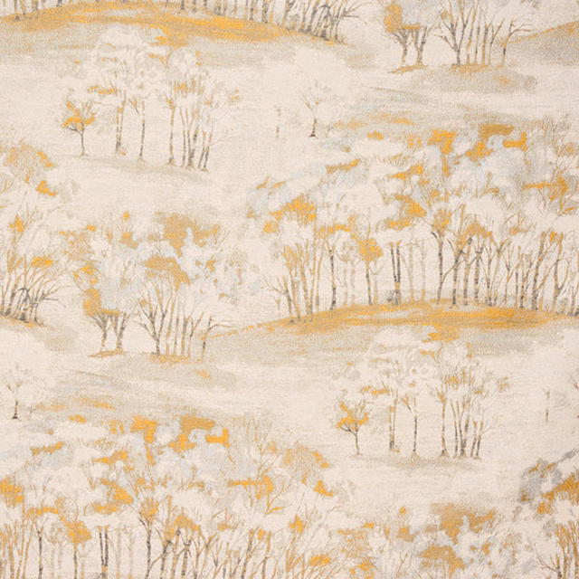 Ochre and taupe tree motif on a pale cream textured fabric swatch