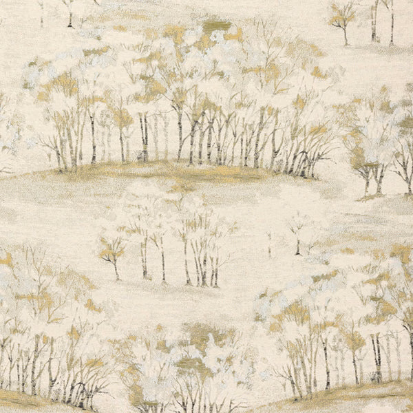 Ivory fabric swatch with soft olive tree motif and muted gold accents