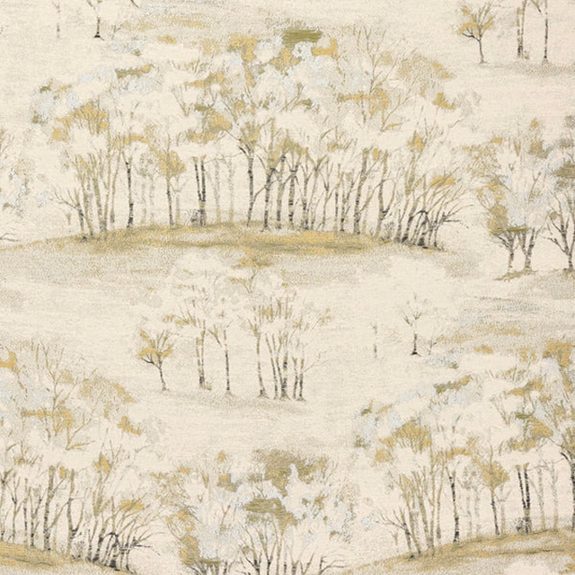 Ivory fabric swatch with soft olive tree motif and muted gold accents