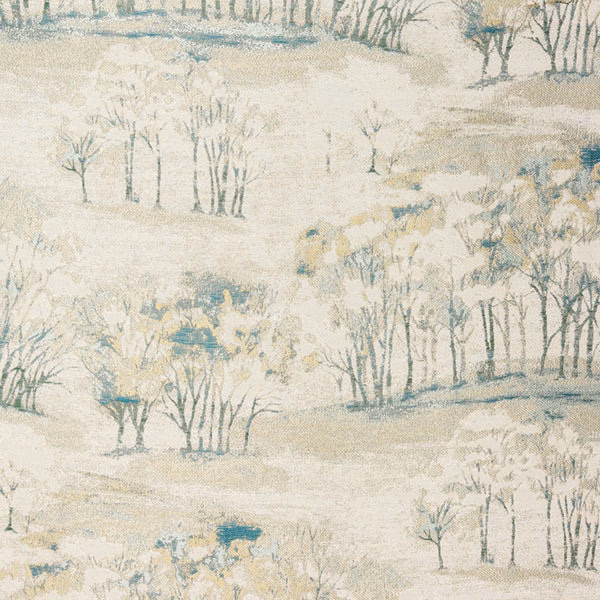 Pale landscape print fabric with seafoam trees and ivory ground