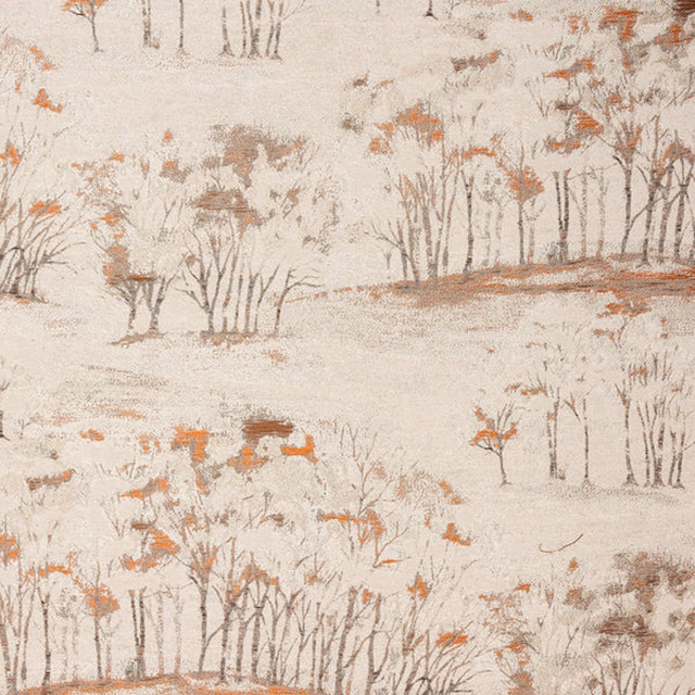 Cream fabric swatch with painterly trees and scattered warm orange accents