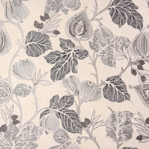 Charcoal grey botanical fabric with large leaves on a pale ground