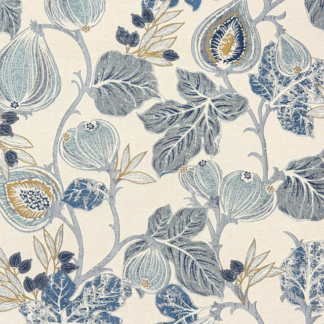 Large indigo and blue floral fabric on a cream ground with painterly leaves