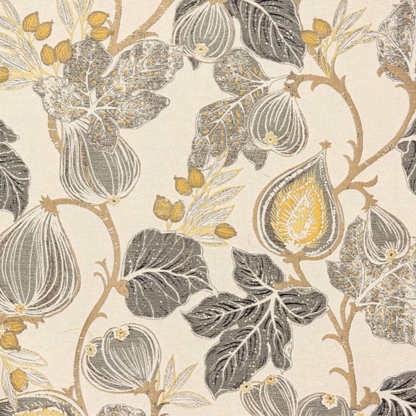 Cream botanical fabric with ochre vines, grey leaves and dark stylised seedpods