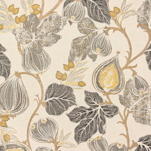 Cream botanical fabric with ochre vines, grey leaves and dark stylised seedpods